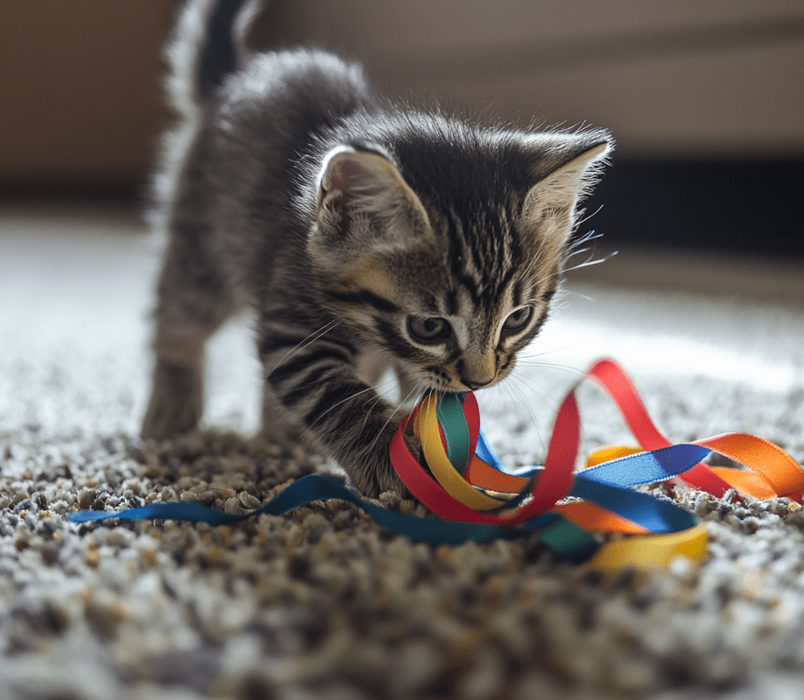 A curious kitten sniffing or chewing on a piece of ribbon or small toy.
