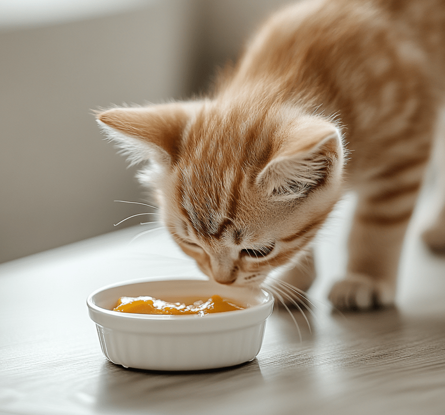 A bowl of water, a small dish of canned pumpkin, and a kitten drinking from the bowl.
