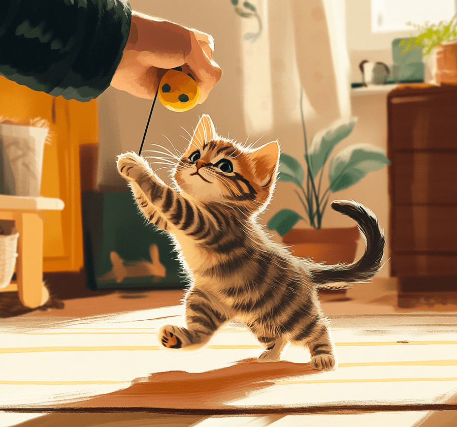 A lively and happy kitten jumping or playing with its owner, showing full recovery.
