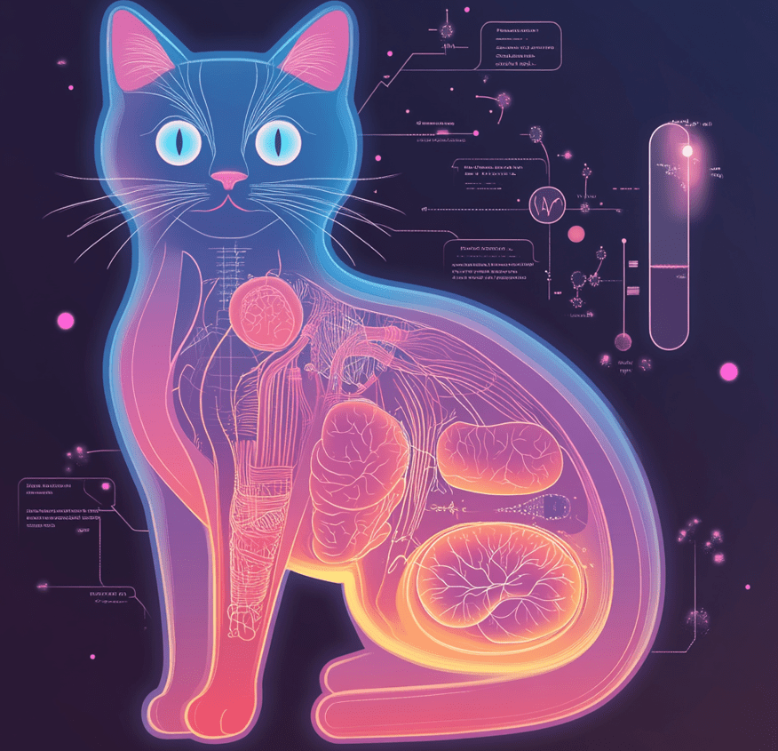 An infographic-style image showing the body systems in cats that depend on taurine (eyes, heart, digestive tract, reproductive organs).
