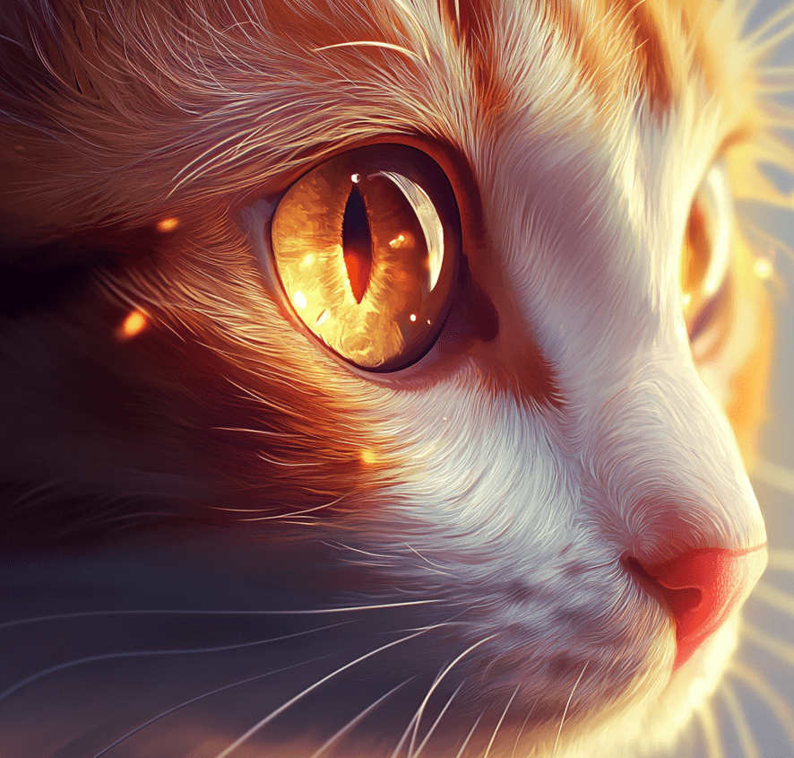 A detailed close-up of a cat's eyes, showing vibrant and healthy pupils with a glowing effect to highlight their sharp vision.
