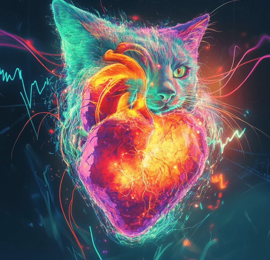 A visual representation of a healthy cat heart with animated arrows showing the flow of minerals and taurine's role in maintaining balance.
