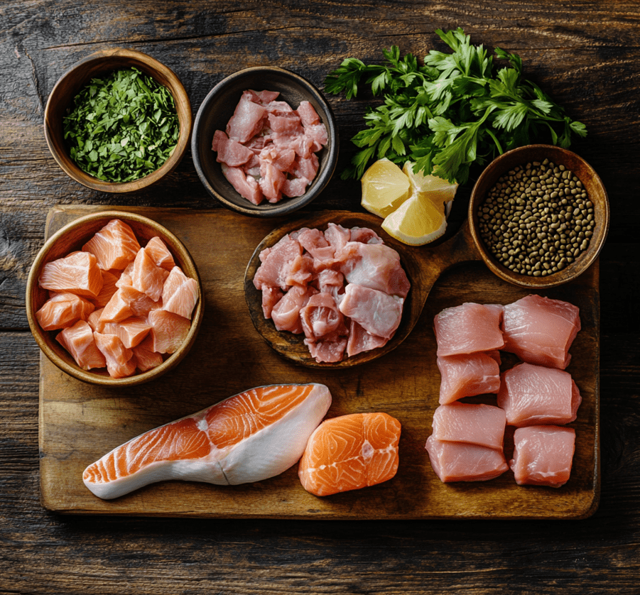 A spread of taurine-rich foods (e.g., chicken, fish, beef) presented in a clean and visually appealing way.
