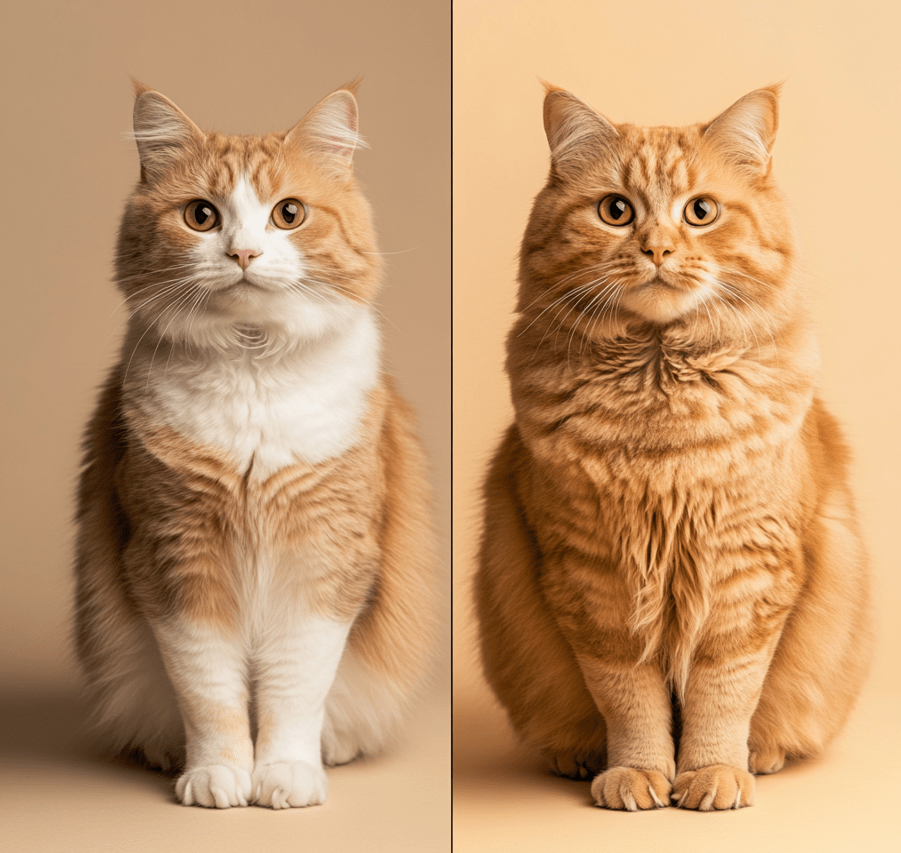 A side-by-side comparison showing a healthy cat and a cat showing symptoms of taurine deficiency (e.g., lethargy, dull coat).
