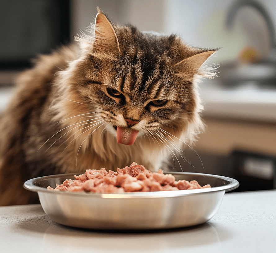 A cheerful cat eating meat-based food with a sense of balance and health, symbolizing the idea that taurine is essential but not harmful in excess.
