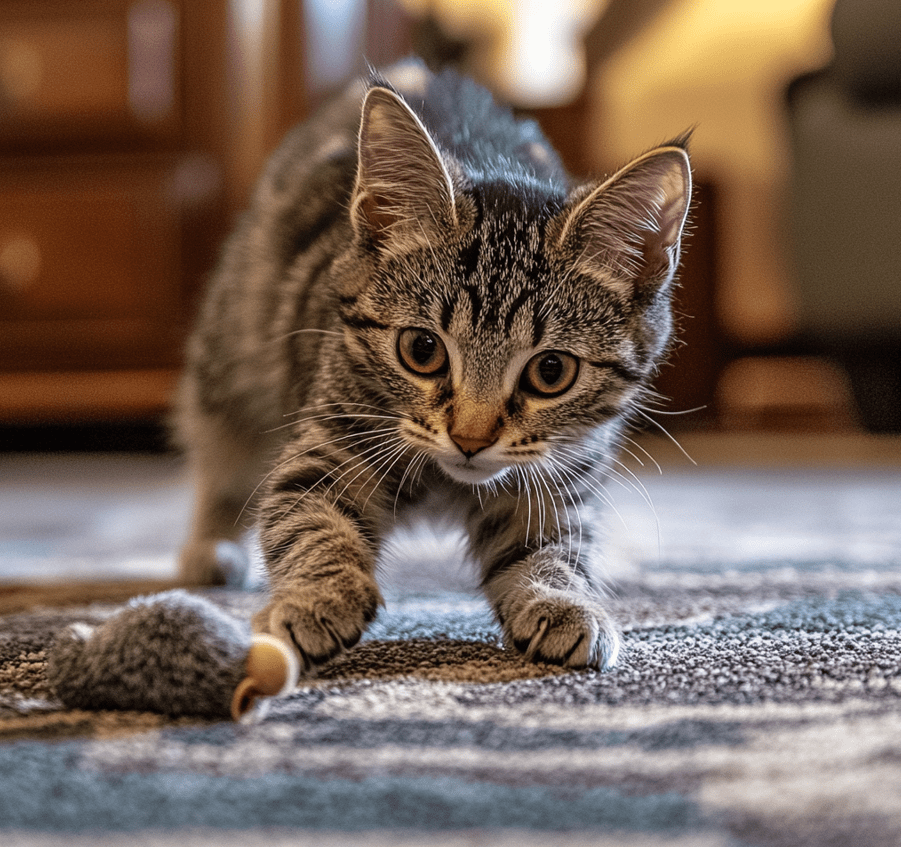 A friendly Domestic Shorthair cat with a mix of tabby patterns playing with a toy.
