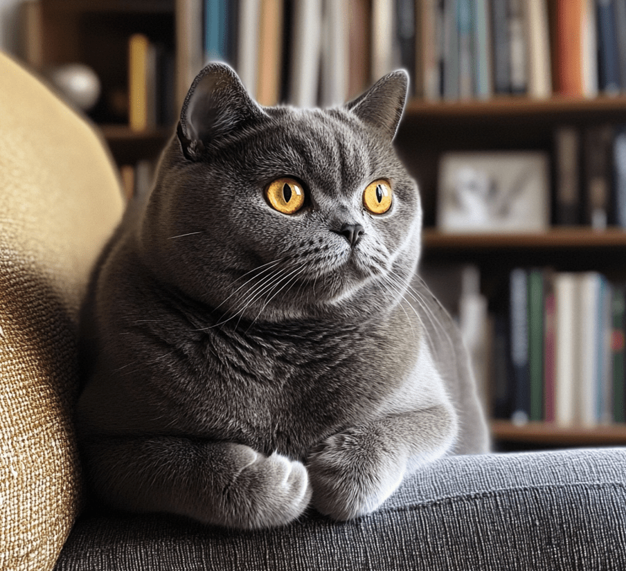 A British Shorthair cat with its iconic blue-gray coat sitting gracefully.
