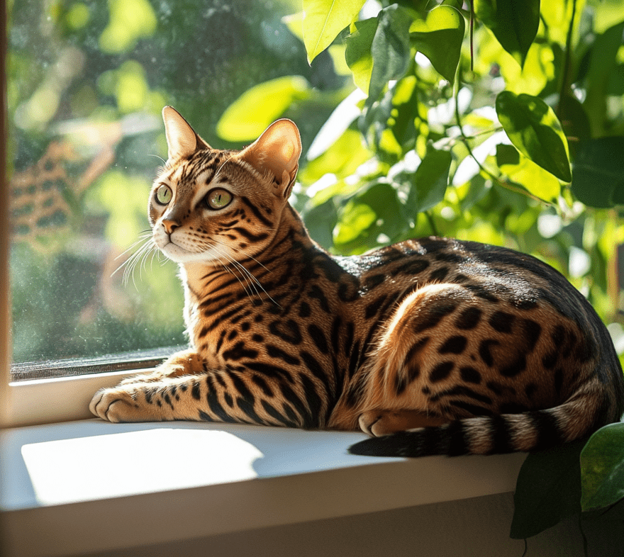 A Bengal cat with its striking leopard-like spots lounging in a sunny spot.
