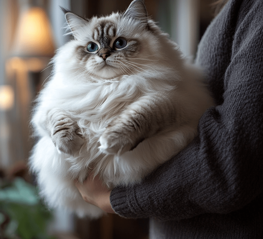 A Ragdoll cat with striking blue eyes being gently held by a person.
