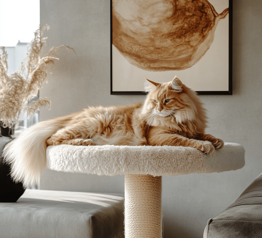 A Maine Coon cat lounging on a tall cat tree, showing off its large size and bushy tail.
