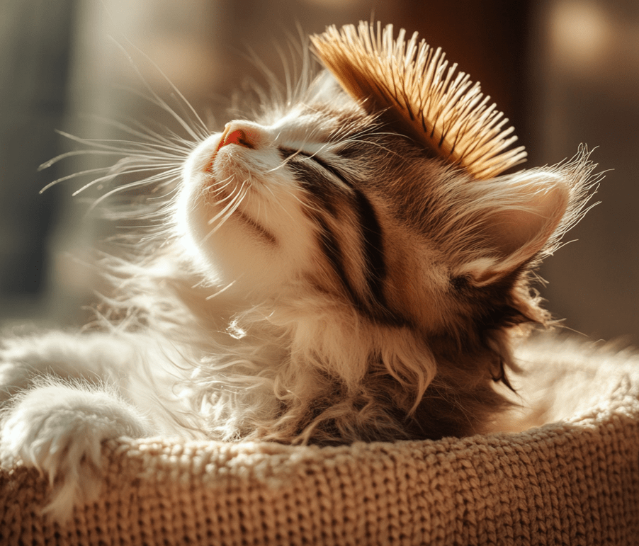 A kitten's fur being brushed before its bath.
