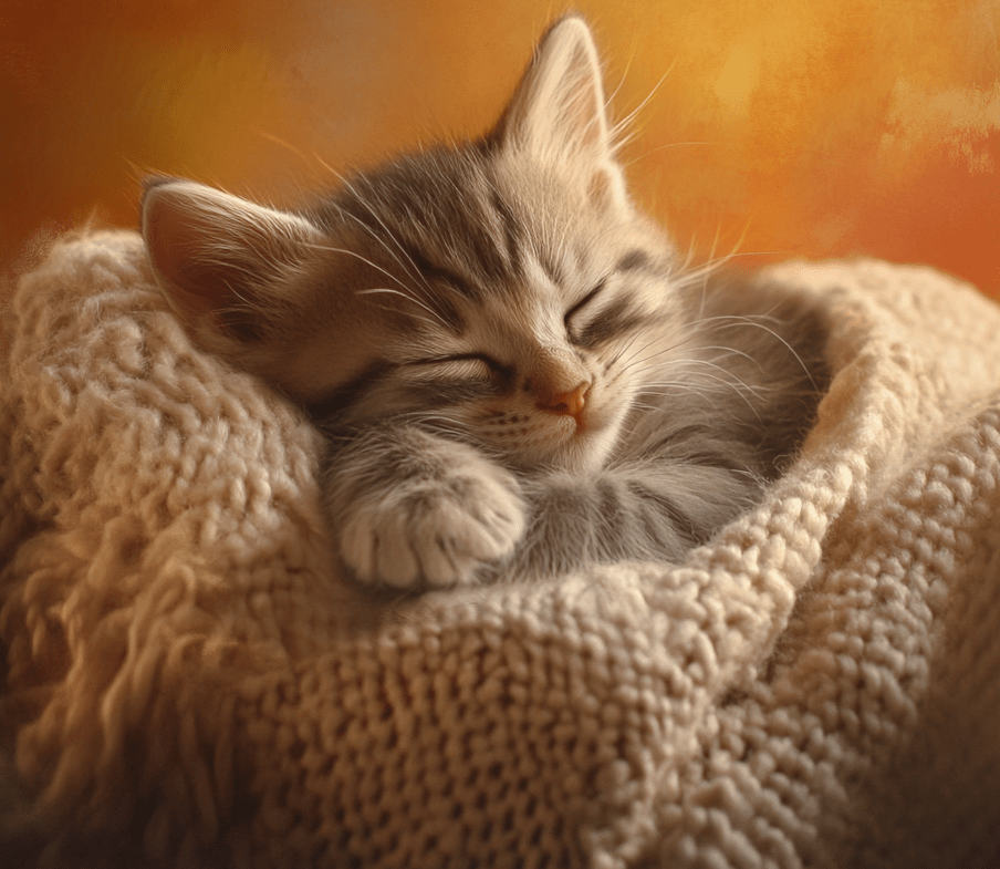 A relaxed, sleepy kitten after playtime.
