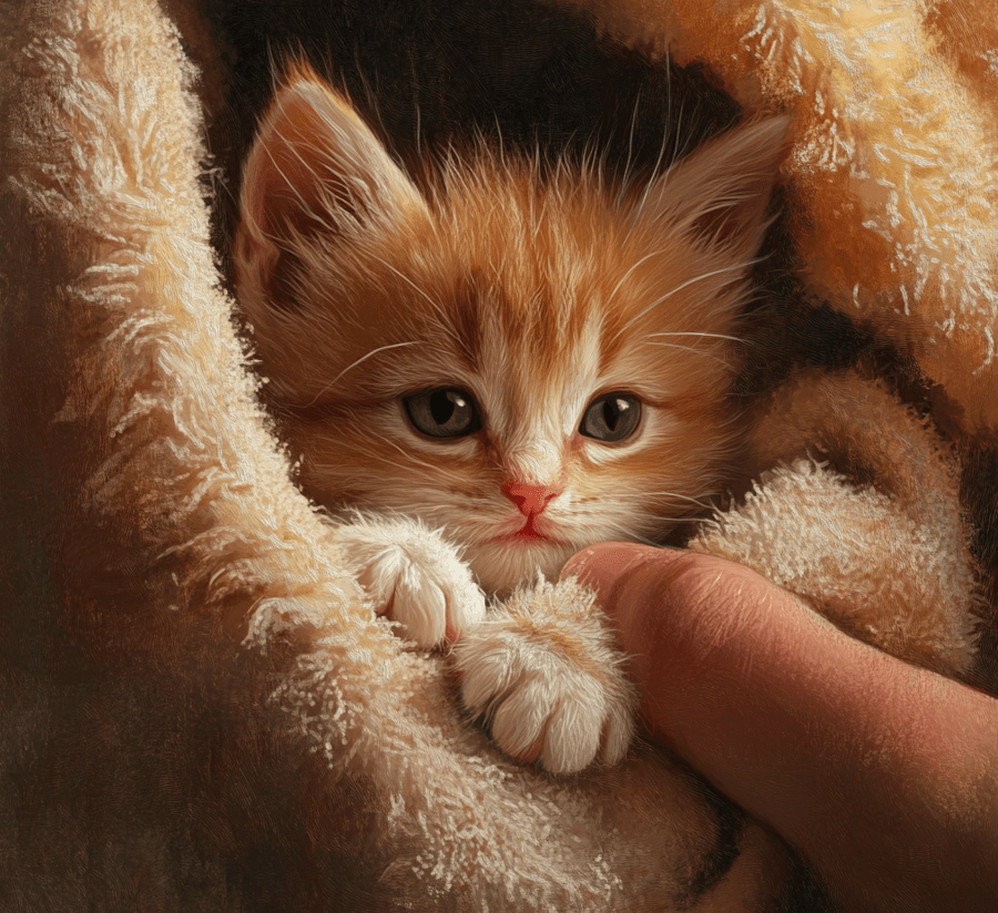 A kitten wrapped snugly in a towel, gently being dried.
