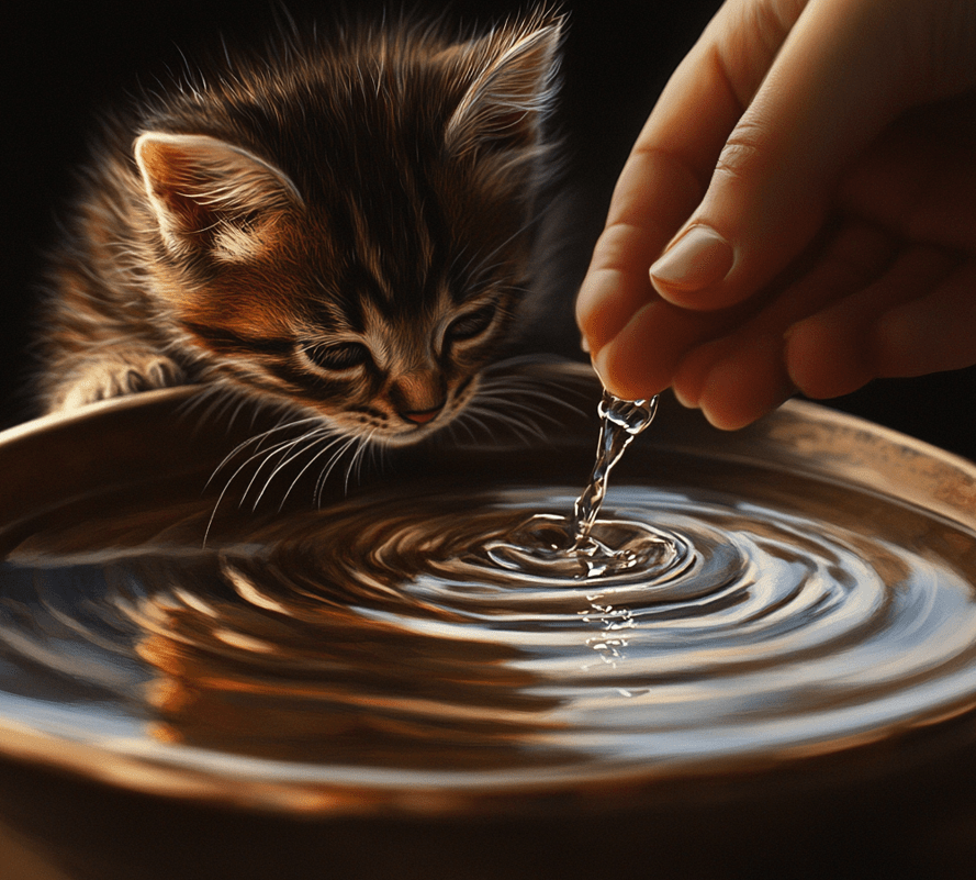 A kitten calmly being rinsed with a small cup of warm water, avoiding stress.
