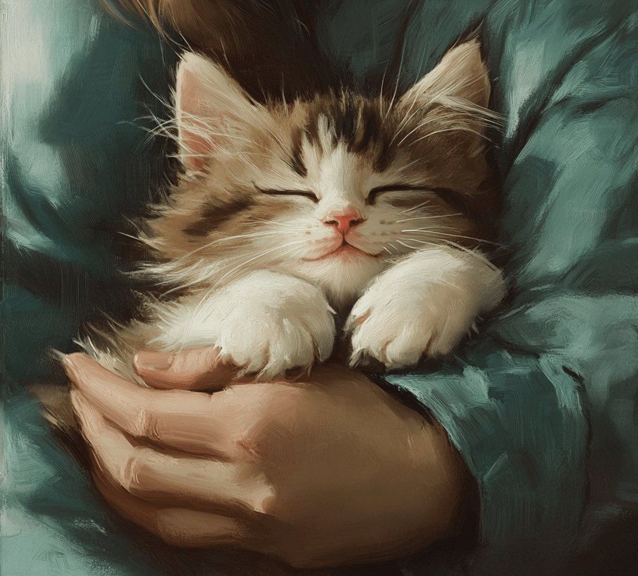  A happy, dried kitten snuggled in its owner’s lap after a successful bath.
