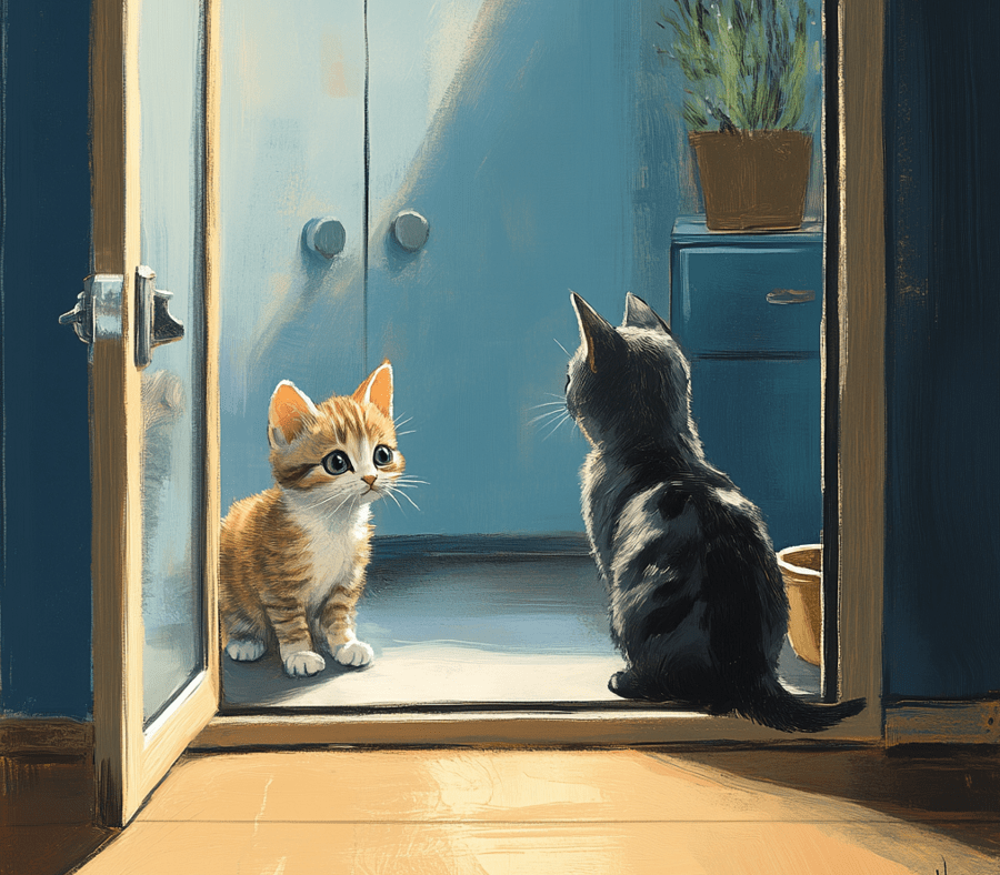 A calm domestic scene showing a new kitten behind a glass door, observing an older cat on the other side. The kitten's room is equipped with a litter box, a scratching post, and a cozy bed, symbolizing its personal space.