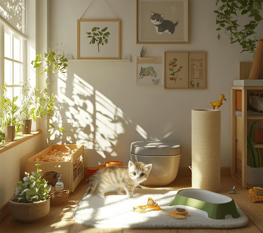 A bright, well-organized room set up for a kitten, featuring a litter box, food and water bowls, and a scratching post. The kitten is exploring the area, with sunlight streaming through a nearby window.