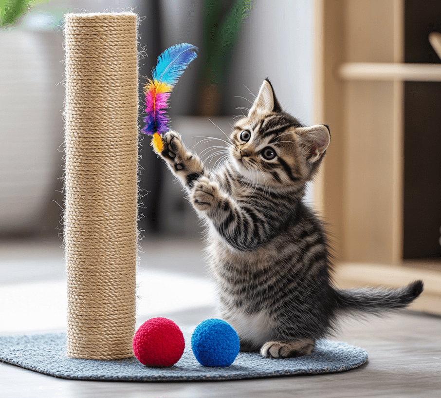 A playful kitten interacting with various colorful toys, including a feather wand and a ball, near a vertical sisal scratching post. The scene should highlight activity and enrichment in a clean and modern living space.