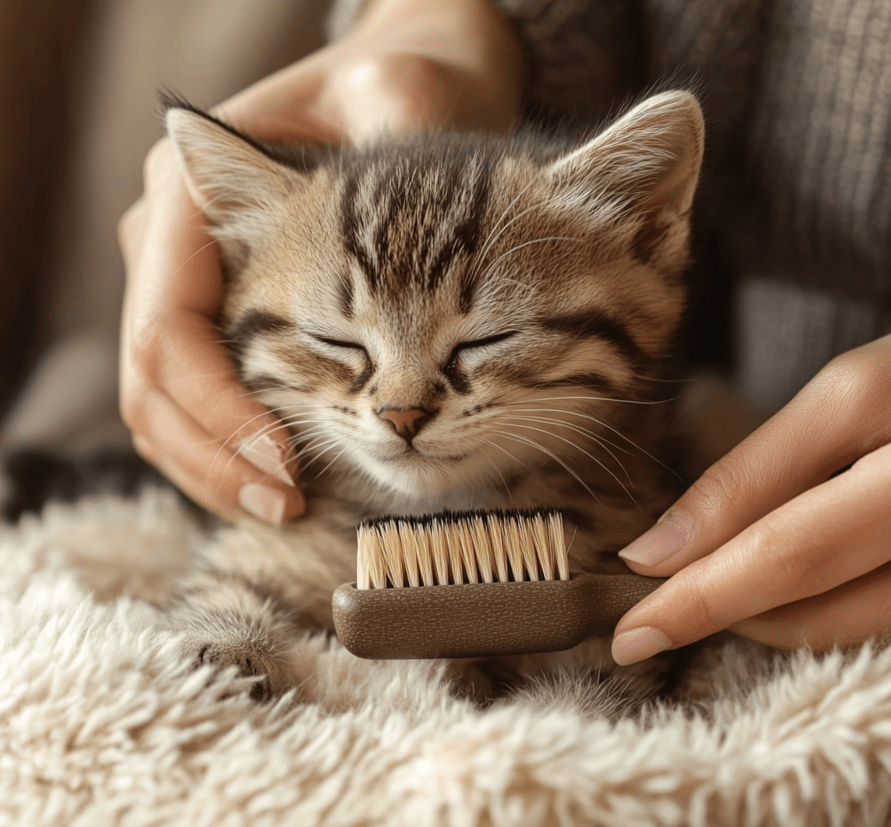 A person gently brushing a kitten's fur using a soft-bristle brush, with the kitten sitting calmly on a fluffy surface. The background should be simple, focusing on the act of grooming.