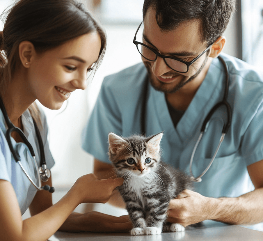 A caring veterinarian examining a kitten on a clinic table, with the owner standing nearby, smiling. The scene should convey trust and professionalism, featuring a clean and modern veterinary clinic setting.