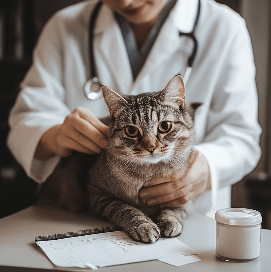 A veterinarian examining a cat, highlighting tools like a flea comb and a hypoallergenic diet plan