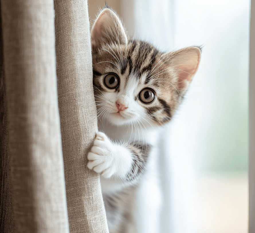 A kitten climbing a curtain or exploring a shelf, showcasing its curious and adventurous nature.
