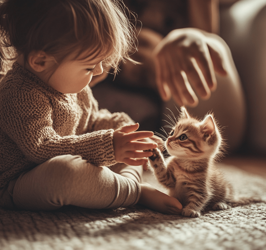 A young child sitting calmly on the floor, gently petting a kitten under adult supervision.
