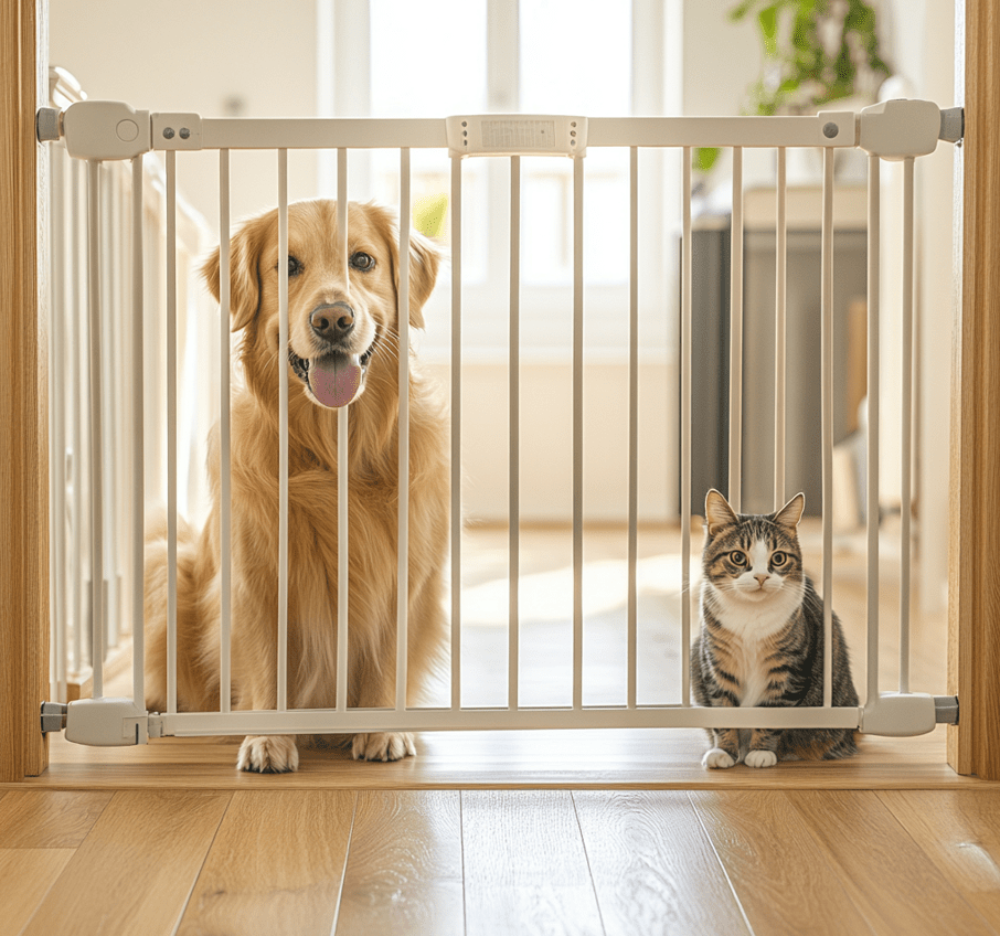 A dog and a cat sitting on opposite sides of a baby gate, observing each other curiously.
