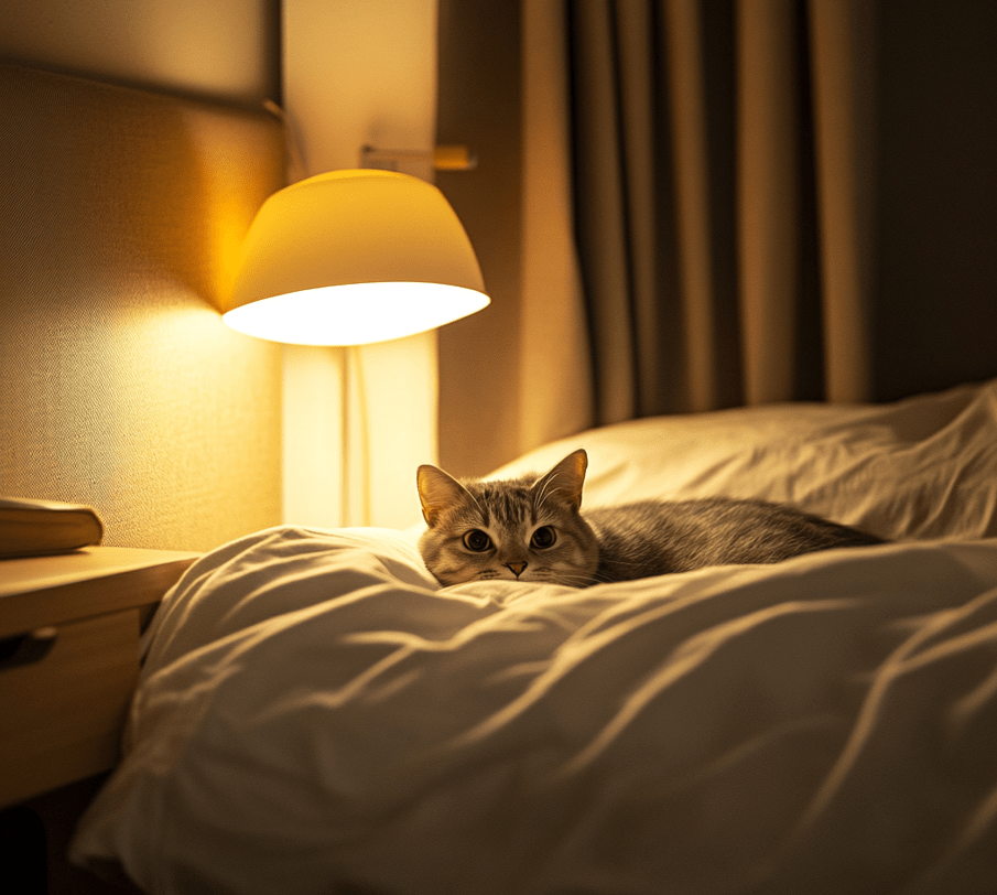 A shy cat hiding under a bed in a small, cozy apartment with minimal furniture.
