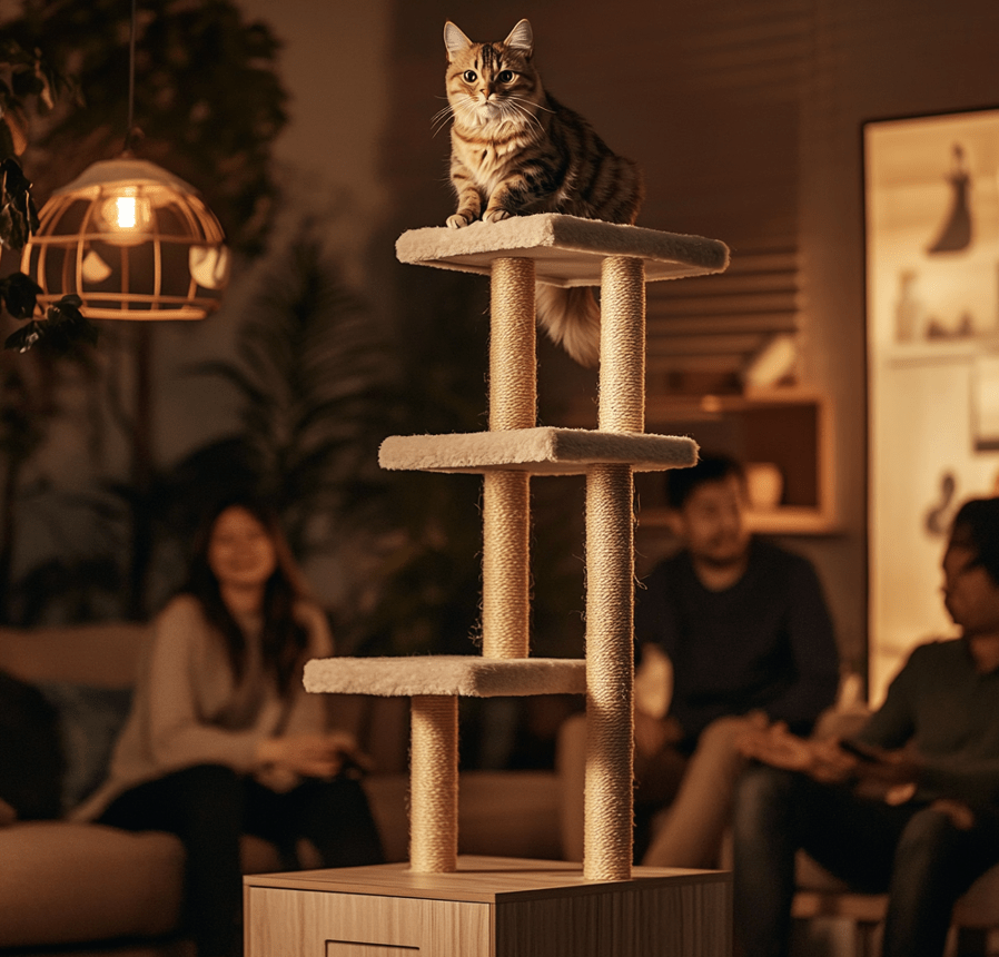 A cat sitting atop a tall cat tree with multiple levels, looking down at a group of people chatting in the background.
