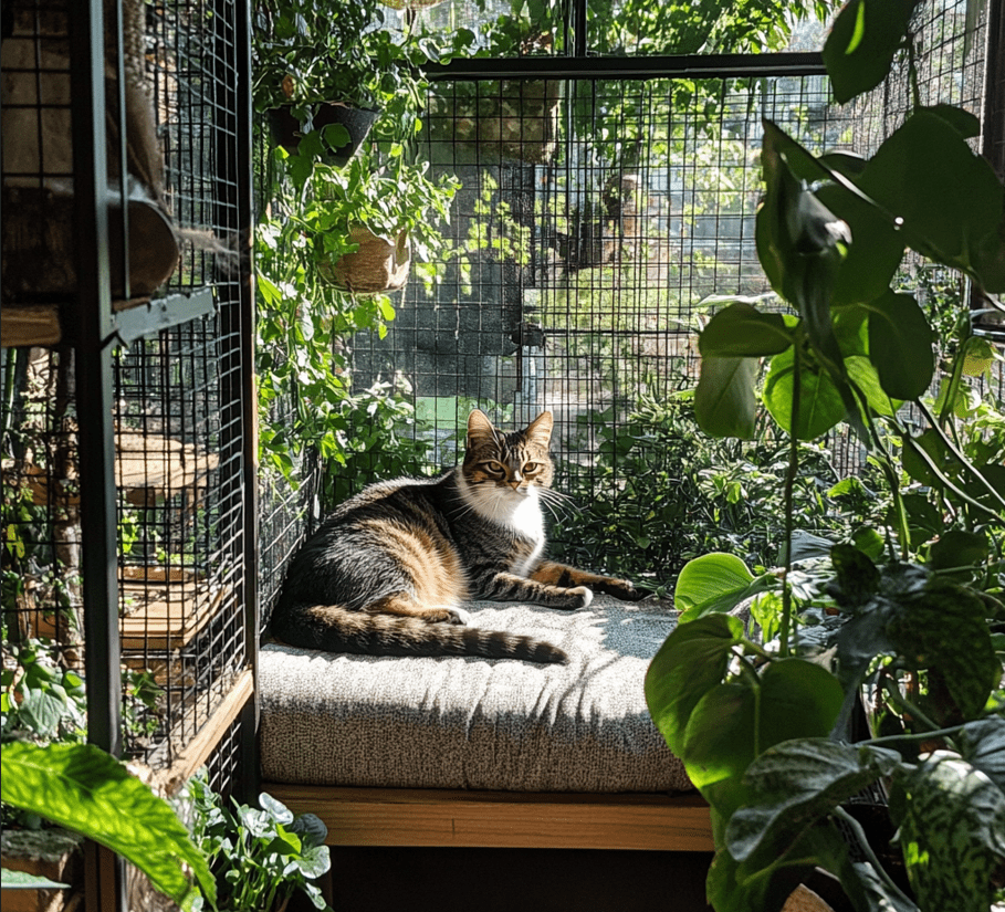  A safe outdoor cat enclosure (catio) with a happy cat lounging inside, surrounded by plants and sunlight.
