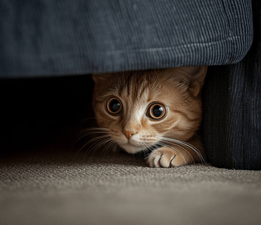 A cat hiding under a piece of furniture or behind an object, representing one of the signs of fear (hiding).
