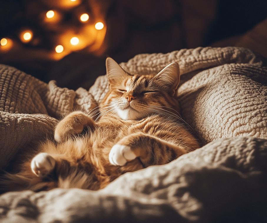 A calm environment with a cat lounging comfortably in a cozy spot, indicating a relaxed and safe atmosphere.
