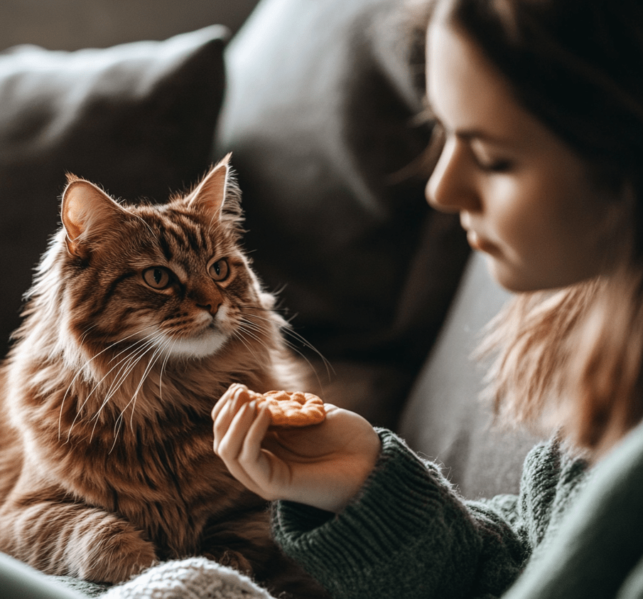 A person sitting calmly with a cat, holding a treat at a safe distance from a feared object (e.g., a vacuum cleaner or another animal).
