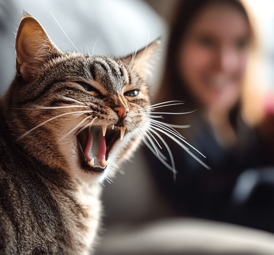 A cat showing aggressive behavior (e.g., swatting or hissing) with a person in the background, illustrating the need for professional help.
