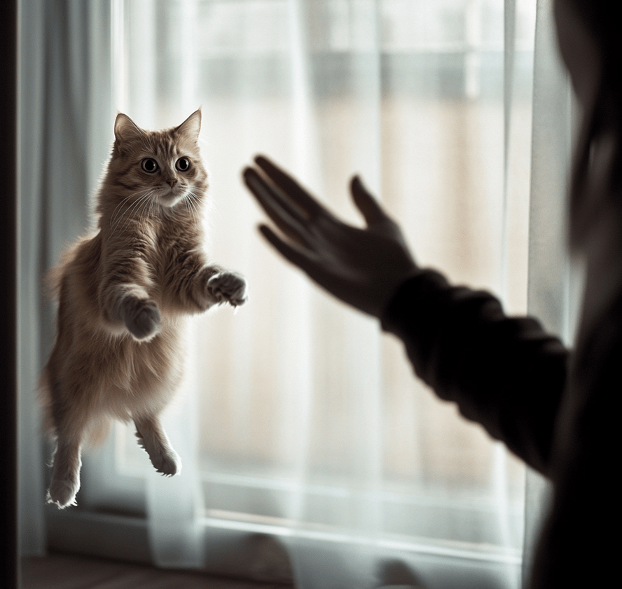  A person trying to approach a fearful cat but respecting the cat's space, showing the importance of not forcing interaction.
