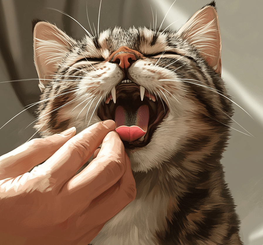 A close-up showing a person gently opening a cat's mouth and extending its tongue to check for obstructions. The setting should emphasize safety and gentleness. 