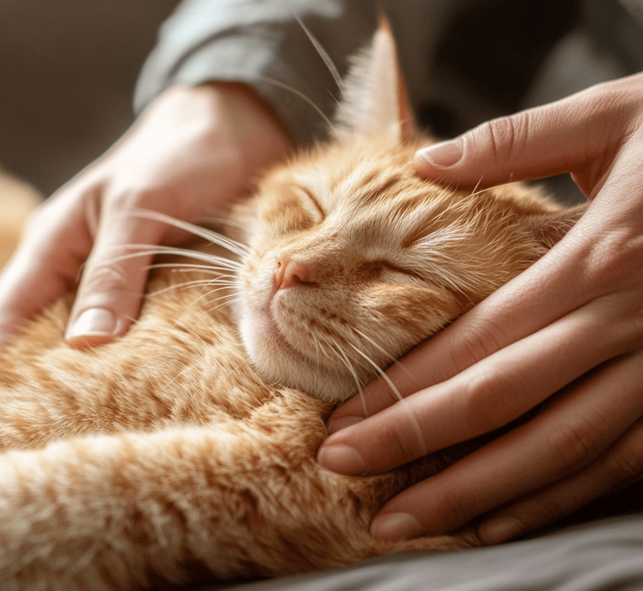 A person performing chest compressions on a cat lying on its right side. The hands are positioned over the heart area, demonstrating a correct technique. The image should also show proper posture and focus. 