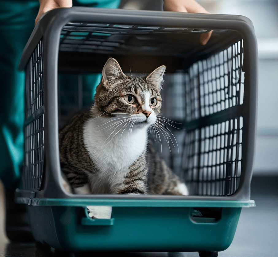 A cat being gently transported in a carrier or held securely while being taken to a veterinary clinic. The person carrying the cat appears calm and focused.
