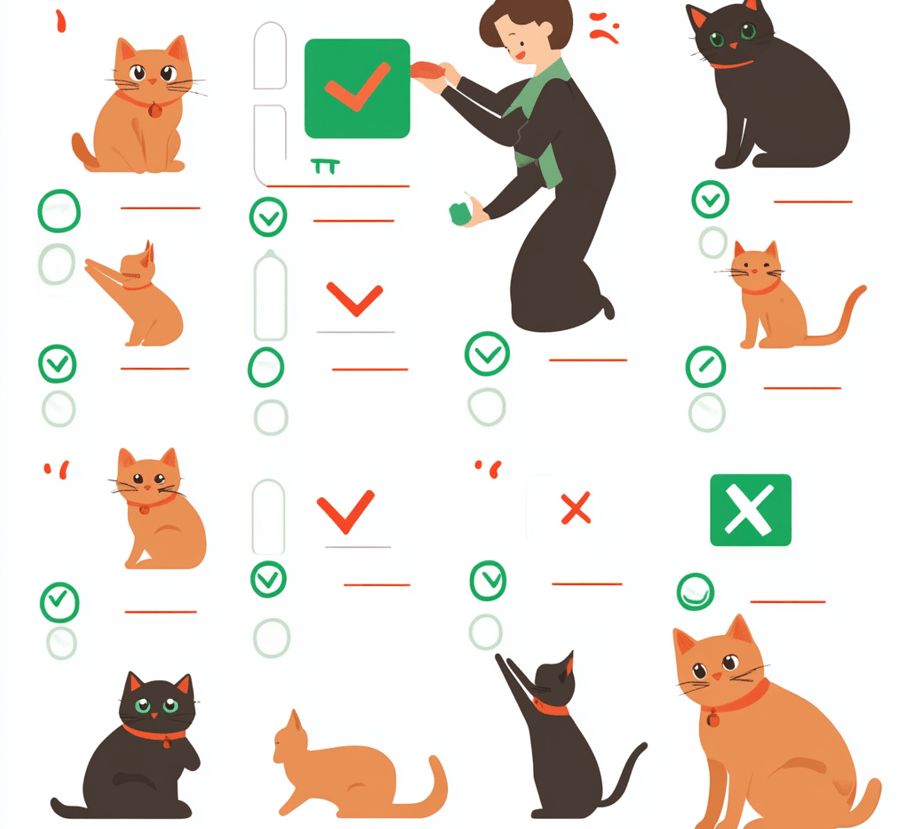 A checklist-style graphic showing "Dos and Don'ts" for cat CPR. Include icons like a green checkmark for correct actions and a red cross for incorrect ones.
