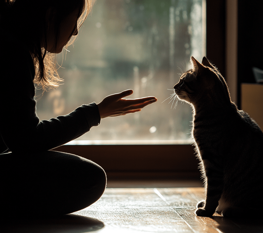 A person sitting low to the ground, extending their hand to a curious cat for sniffing.
