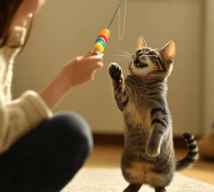 A person playing with a cat using a fishing pole or wand toy.
