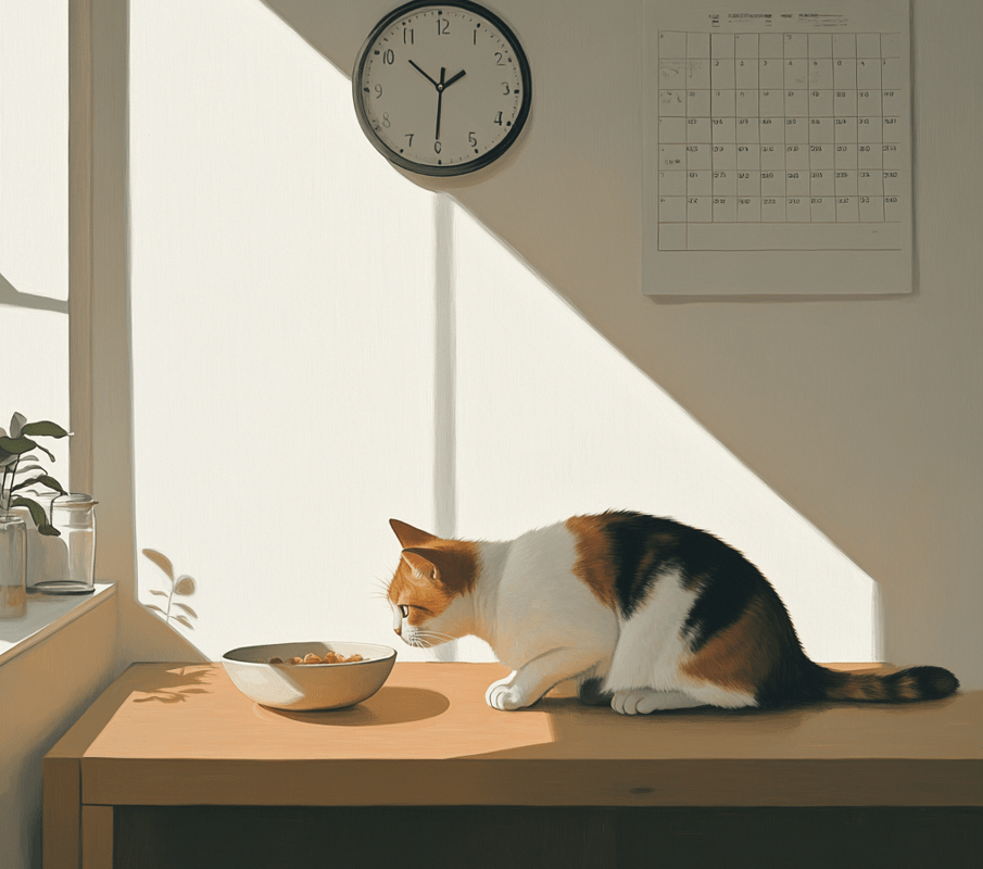  A calendar or clock near a cat's feeding area, symbolizing routine.