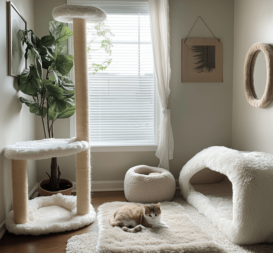 A cozy, well-furnished cat corner with scratching posts and a litter box.
