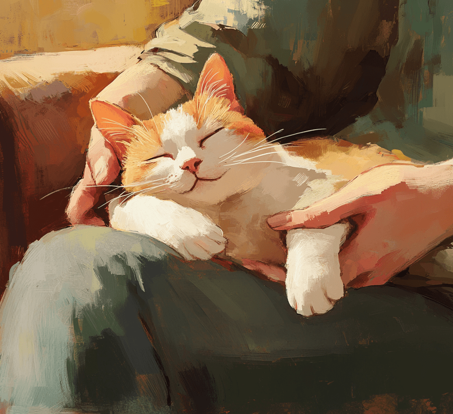 A happy cat lounging on its owner’s lap, eyes half-closed.
