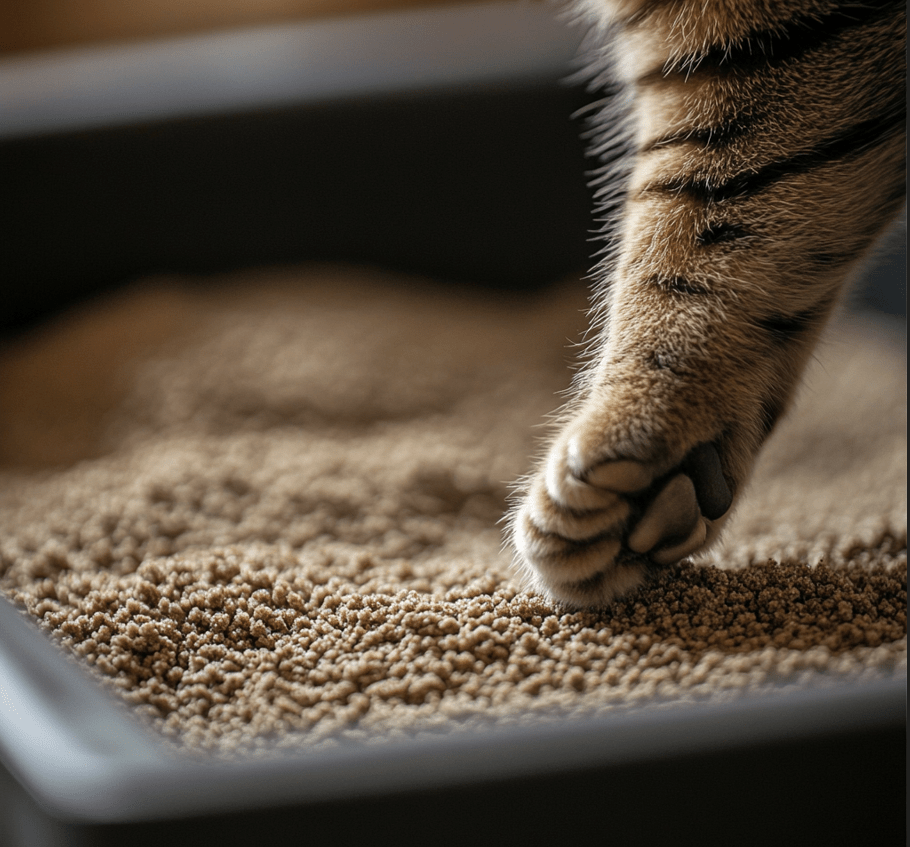 A close-up of clay litter in a litter box with a cat inspecting it.
