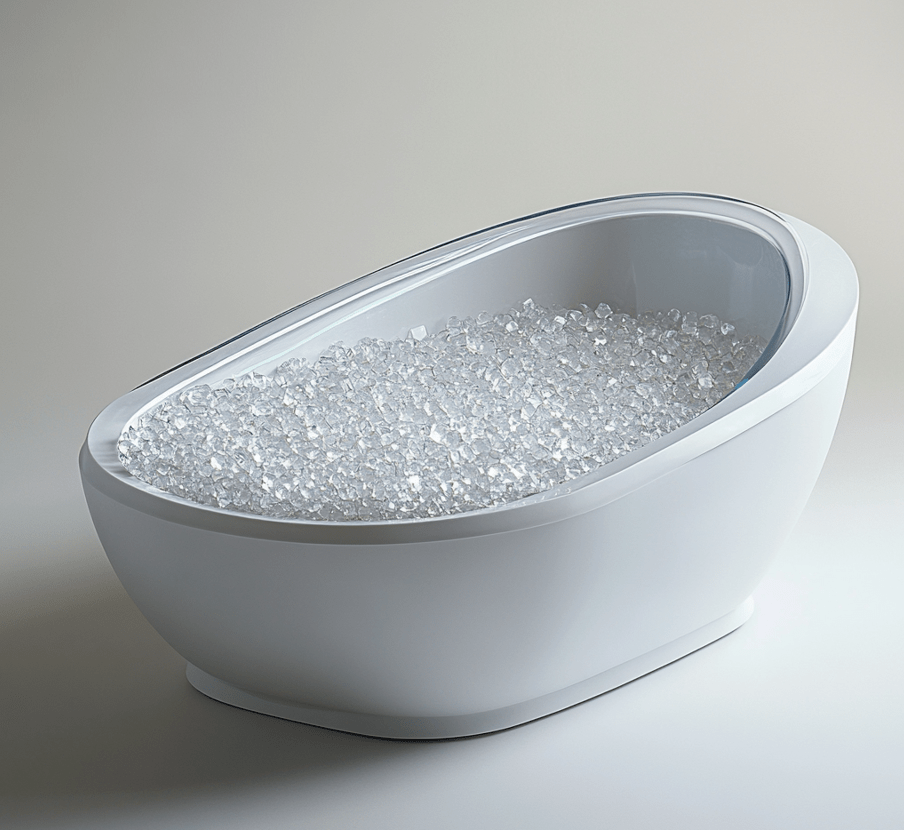 A litter box containing crystal-like silica litter, with a focus on the shiny texture.
