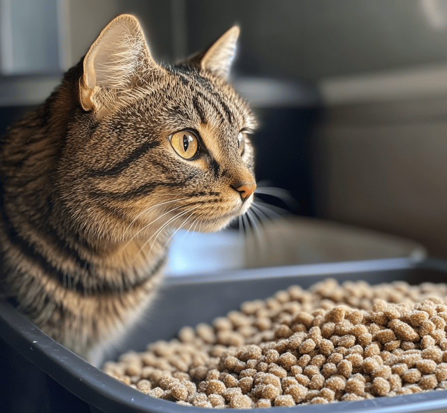 A litter box with soft, fine-grain wheat or corn-based litter, with a playful cat nearby.
