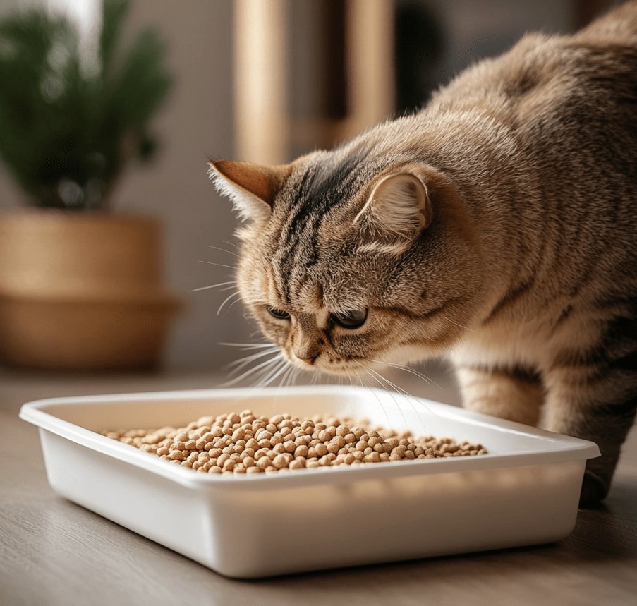  A litter box filled with pine pellets, with a cat sniffing it cautiously.
