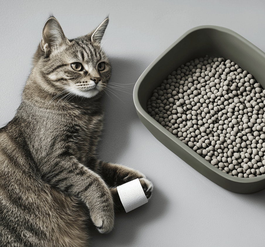 A litter box with gray paper pellets, with a recovering cat nearby.
